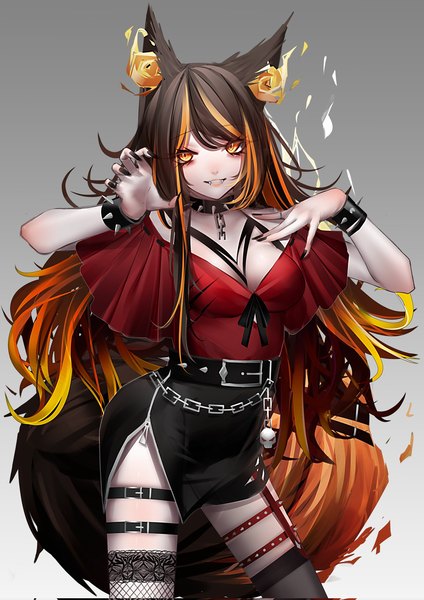 Anime picture 1448x2048 with virtual youtuber indie virtual youtuber sinder (vtuber) doryudory single long hair tall image looking at viewer blush fringe breasts light erotic simple background smile brown hair standing signed animal ears yellow eyes cleavage