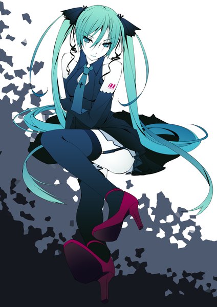 Anime picture 1447x2046 with vocaloid hatsune miku murakami suigun single tall image twintails bare shoulders very long hair aqua eyes aqua hair girl thighhighs dress black thighhighs detached sleeves necktie