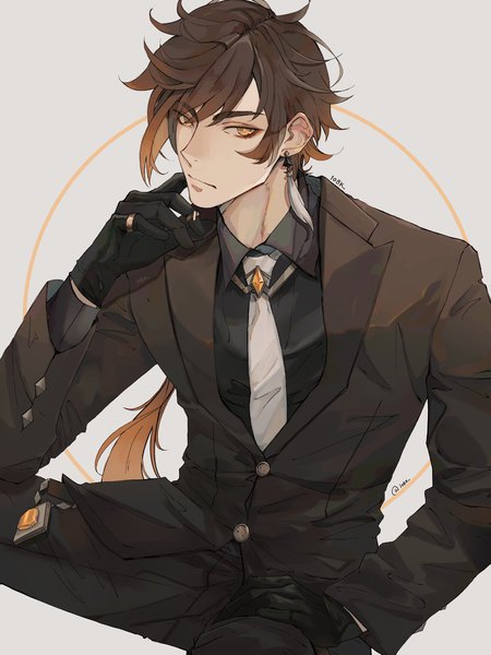 Anime picture 1050x1400 with genshin impact zhongli (genshin impact) 1o8k single long hair tall image brown hair sitting signed yellow eyes grey background alternate costume low ponytail hand in pocket boy gloves shirt black gloves necktie ring