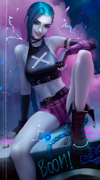 Anime picture 3900x7000 with arcane: league of legends league of legends jinx (league of legends) wickellia single long hair tall image looking at viewer highres breasts blue eyes light erotic smile sitting purple eyes bare shoulders payot blue hair absurdres braid (braids)