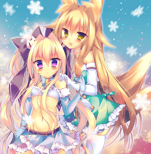 Anime picture 1176x1200 with original monaka natsume long hair tall image blush open mouth light erotic blonde hair purple eyes multiple girls animal ears yellow eyes tail very long hair animal tail fox ears fox tail girl thighhighs dress