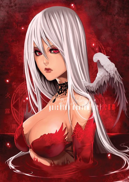 Anime picture 1100x1553 with original yaichino (artist) single long hair tall image breasts light erotic red eyes white hair lips girl wings blood jewelry bikini top