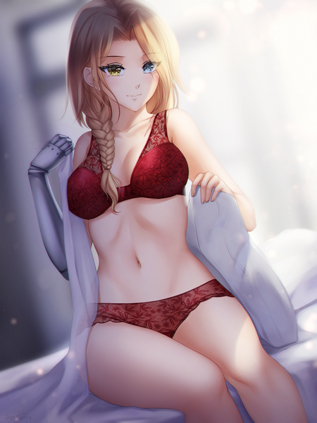 Anime picture 750x1000 with original gigamessy single long hair tall image looking at viewer blush fringe breasts blue eyes light erotic blonde hair smile large breasts sitting holding signed yellow eyes indoors braid (braids)