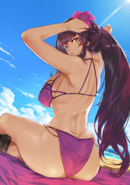 Anime picture 2480x3507 with fate (series) fate/grand order scathach (fate) (all) scathach (swimsuit assassin) (fate) ohland single long hair tall image looking at viewer fringe highres breasts light erotic large breasts sitting purple eyes sky purple hair cloud (clouds) ass