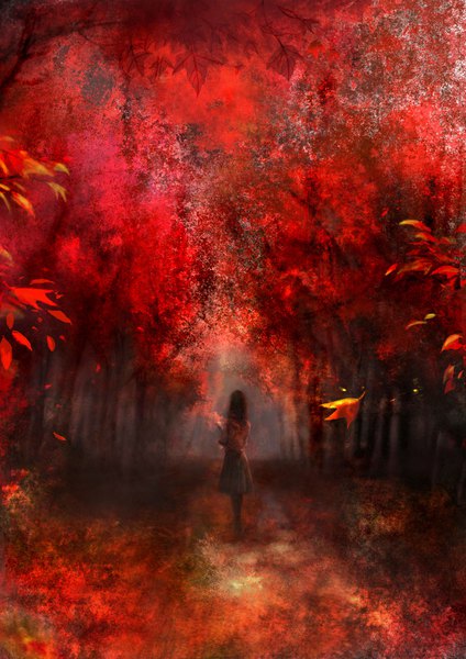 Anime picture 1518x2150 with original 00 single long hair tall image black hair autumn nature girl plant (plants) tree (trees) leaf (leaves) forest maple leaf