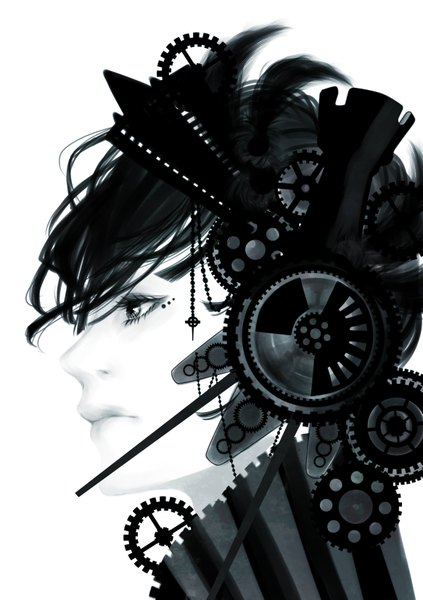 Anime picture 1165x1653 with original hal (suck it) single tall image short hair simple background white background profile realistic grey eyes monochrome face eyeshadow face paint dark hair steam punk girl headphones pendant feather (feathers)