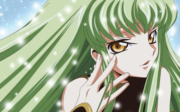 Anime picture 1680x1050 with code geass sunrise (studio) c.c. ishida kana single long hair fringe wide image bare shoulders yellow eyes parted lips green hair wallpaper snowing winter vector girl