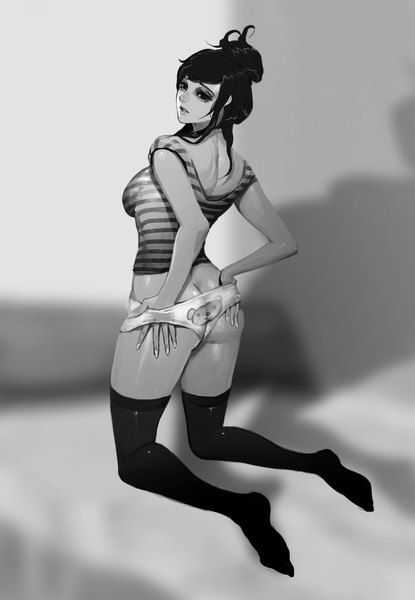 Anime picture 1600x2311 with original xaxak single long hair tall image looking at viewer light erotic black hair ass looking back midriff back monochrome girl thighhighs underwear panties black thighhighs