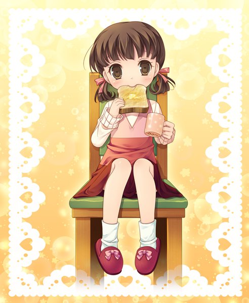 Anime picture 928x1131 with persona 4 persona doujima nanako yumegi (mg.) single tall image looking at viewer blush fringe short hair brown hair sitting twintails brown eyes full body blunt bangs low twintails eating toast in mouth girl