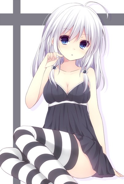 Anime picture 830x1230 with komomo (ptkrx) single long hair tall image blush fringe blue eyes sitting twintails bare shoulders bent knee (knees) white hair parted lips :o short twintails girl thighhighs dress black dress striped thighhighs