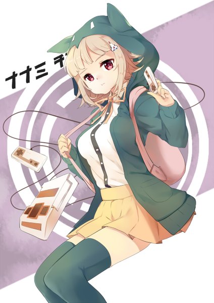 Anime picture 1000x1414 with dangan ronpa super dangan ronpa 2 nanami chiaki shovelwall single tall image looking at viewer fringe short hair blonde hair sitting pink eyes girl thighhighs uniform hair ornament black thighhighs school uniform hairclip hood