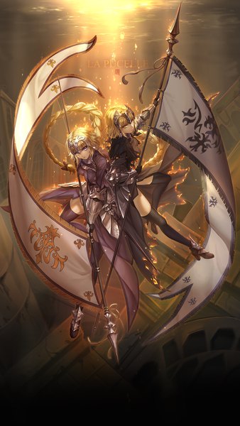 Anime picture 844x1496 with fate (series) fate/grand order fate/apocrypha jeanne d'arc (fate) (all) jeanne d'arc alter (fate) jeanne d'arc (fate) bbbox (hotpppink) long hair tall image looking at viewer fringe breasts blonde hair hair between eyes purple eyes multiple girls holding yellow eyes full body braid (braids)