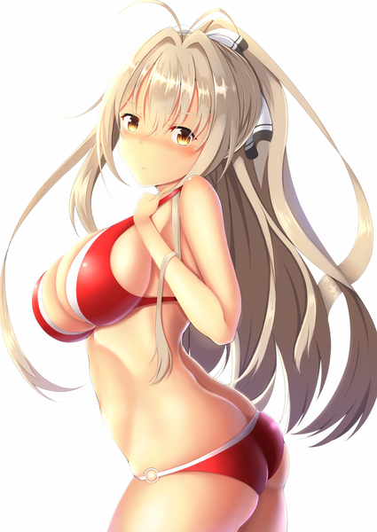 Anime picture 1200x1694 with amagi brilliant park kyoto animation sento isuzu zukky single long hair tall image looking at viewer blush breasts light erotic brown hair large breasts white background brown eyes ponytail girl navel swimsuit bikini