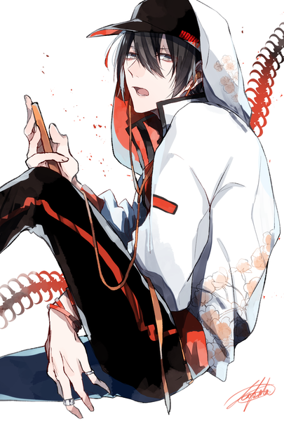 Anime picture 1378x2039 with tsukiuta uduki arata utkt single tall image looking at viewer fringe short hair open mouth black hair simple background hair between eyes white background sitting holding signed bent knee (knees) grey eyes character names floral print