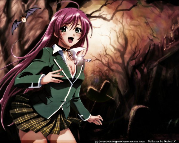 Anime picture 1280x1024 with rosario+vampire akashiya moka long hair signed pink hair bat