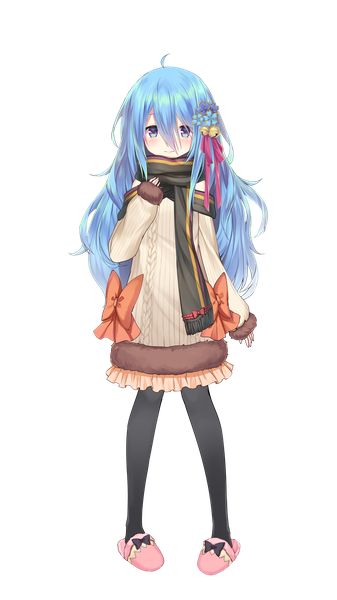 Anime picture 2160x3840 with virtual youtuber mashiro sakula topia single long hair tall image looking at viewer blush fringe highres hair between eyes purple eyes blue hair full body ahoge official art fur trim sleeves past wrists transparent background hair bell