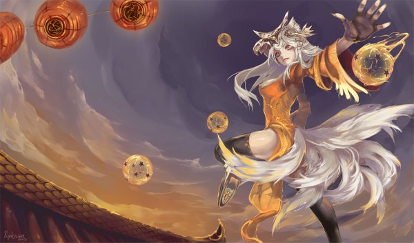 Anime picture 1200x705 with league of legends ahri (league of legends) riyokusakimori (artist) single long hair looking at viewer light erotic wide image animal ears sky cloud (clouds) white hair tail traditional clothes animal tail orange eyes fox ears magic fox tail fox girl