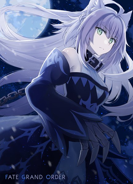 Anime picture 723x1004 with fate (series) fate/grand order atalanta (fate) atalanta (alter) (fate) yashiro seika single long hair tall image looking at viewer fringe breasts hair between eyes standing green eyes silver hair ahoge outdoors braid (braids) wind night