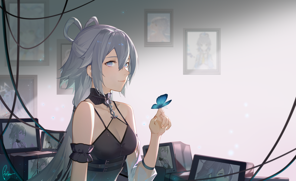 Anime picture 4016x2457 with vocaloid vocaloid china luo tianyi broken (7589468) single long hair fringe highres hair between eyes wide image absurdres silver hair upper body light smile silver eyes butterfly on hand girl insect butterfly wire (wires)
