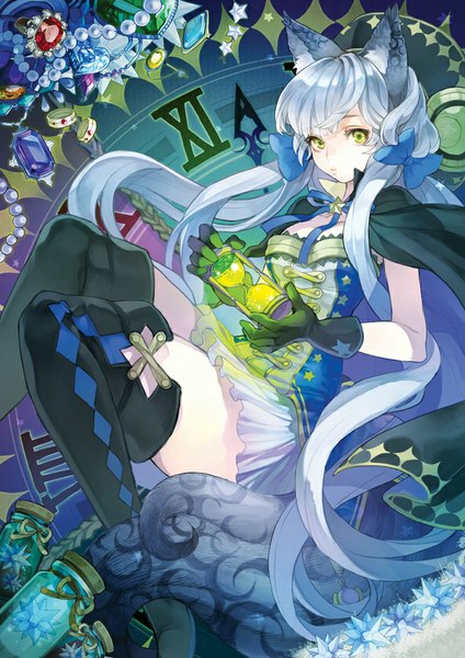 Anime picture 700x990 with original cocorip (riprip) single tall image looking at viewer fringe green eyes animal ears blue hair tail very long hair animal tail girl gloves bow hair bow black gloves boots thigh boots cape