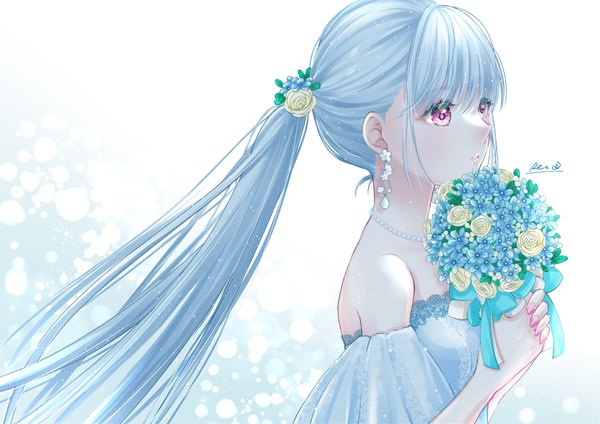 Anime picture 1169x827 with original okino ren single long hair fringe payot blue hair looking away upper body ponytail pink eyes girl flower (flowers) earrings beads bouquet