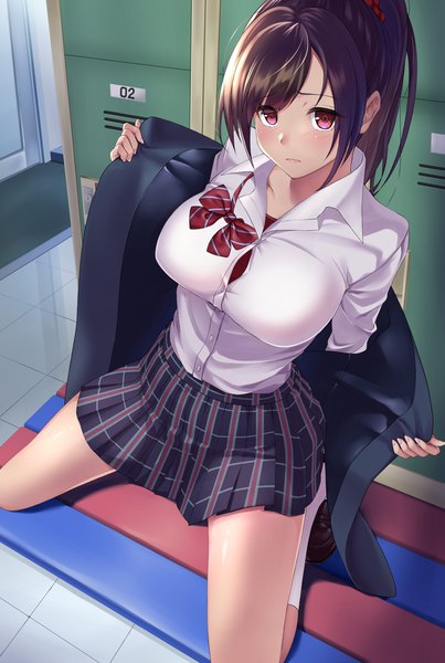 Anime picture 1375x2046 with original toumin (artist) single long hair tall image looking at viewer blush fringe breasts light erotic red eyes brown hair large breasts payot full body ponytail indoors pleated skirt from above open clothes