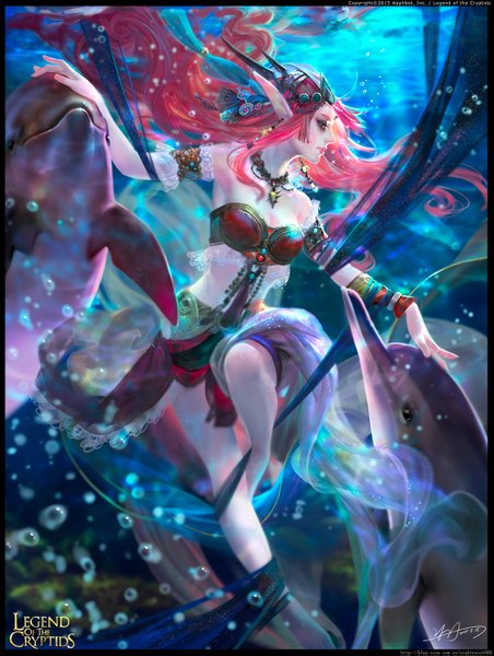 Anime picture 1000x1327 with legend of the cryptids yu-han single long hair tall image breasts red eyes bare shoulders pink hair bent knee (knees) profile lips pointy ears underwater girl animal choker dolphin