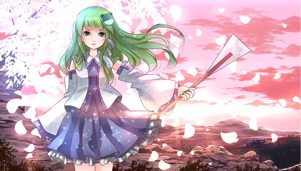 Anime picture 2205x1254 with touhou kochiya sanae risutaru single long hair looking at viewer blush highres wide image standing green eyes sky cloud (clouds) outdoors traditional clothes japanese clothes green hair wind evening sunset