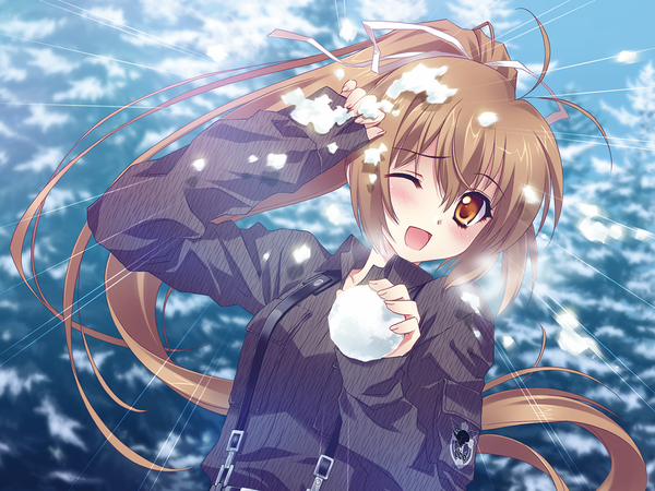 Anime picture 1280x960 with muv-luv alternative schwarzesmarken muv-luv katia waldheim carnelian single blush fringe open mouth smile hair between eyes brown hair brown eyes looking away sky ahoge upper body ponytail long sleeves very long hair