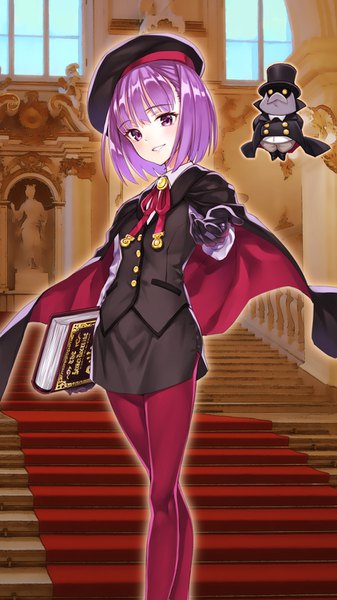 Anime-Bild 844x1500 mit fate (series) fate/grand order helena blavatsky (fate) colonel olcott (fate/grand order) matsuryuu single tall image looking at viewer blush fringe short hair smile hair between eyes standing purple eyes holding purple hair indoors parted lips outstretched arm