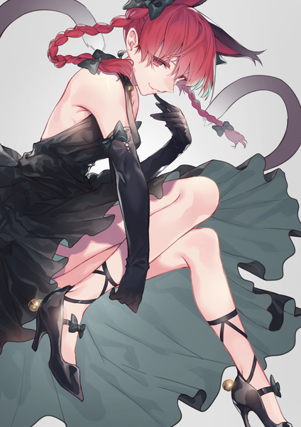 Anime picture 1158x1637 with touhou kaenbyou rin uu uu zan single long hair tall image looking at viewer simple background smile red eyes bare shoulders animal ears red hair tail braid (braids) parted lips animal tail cat ears grey background bare legs