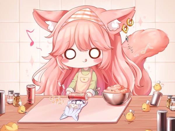 Anime picture 4000x3000 with original monster energy honyang single long hair blush fringe highres standing animal ears pink hair absurdres tail animal tail piercing ear piercing chibi :q blush stickers cooking
