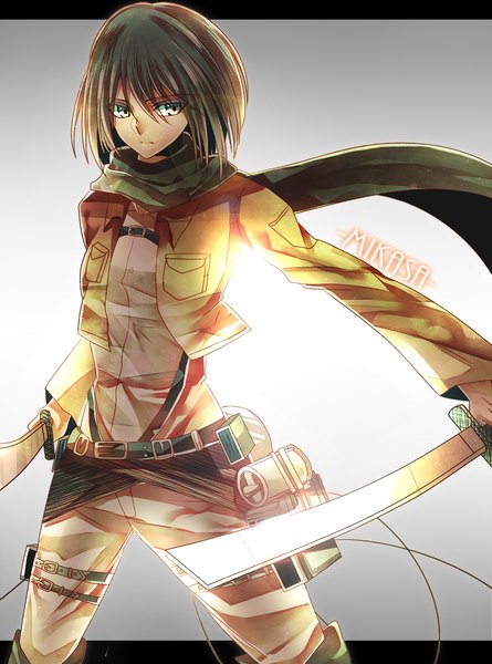 Anime picture 1112x1498 with shingeki no kyojin production i.g mikasa ackerman rakkyo 01 single tall image short hair blue eyes brown hair holding open clothes open jacket dual wielding girl weapon sword belt scarf thigh strap
