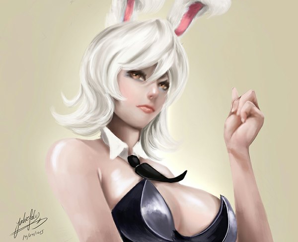 Anime picture 800x650 with league of legends riven (league of legends) battle bunny riven jackie felix single looking at viewer short hair breasts light erotic simple background bare shoulders brown eyes animal ears white hair lips bunny ears girl necktie bunnysuit