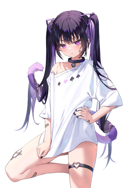 Anime picture 1800x2645 with original rosuuri single long hair tall image looking at viewer blush fringe highres light erotic black hair simple background standing white background purple eyes twintails signed animal ears payot bent knee (knees)