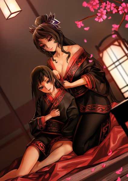 Anime picture 905x1280 with ching nu yu hun 2 as109 long hair tall image blue eyes black hair red eyes multiple girls traditional clothes japanese clothes girl hair ornament flower (flowers) 2 girls petals kimono