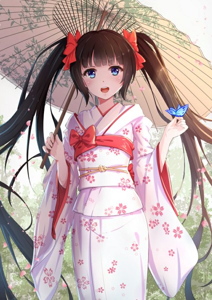 Anime picture 636x900 with original pixiv fantasia pixiv fantasia t byakuya reki single tall image looking at viewer blush open mouth blue eyes brown hair twintails very long hair traditional clothes japanese clothes wide sleeves floral print happy revision butterfly on hand