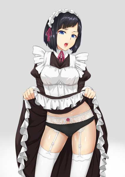 Anime picture 1003x1416 with shomin sample kujou miyuki densuke (artist) single tall image looking at viewer blush short hair breasts open mouth blue eyes light erotic black hair white background long sleeves head tilt mole teeth maid puffy sleeves