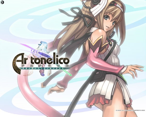 Anime picture 1280x1024 with ar tonelico gust (company) aurica nestmile nagi ryou single long hair fringe breasts smile hair between eyes brown hair green eyes payot parted lips looking back from behind copyright name side slit striped girl