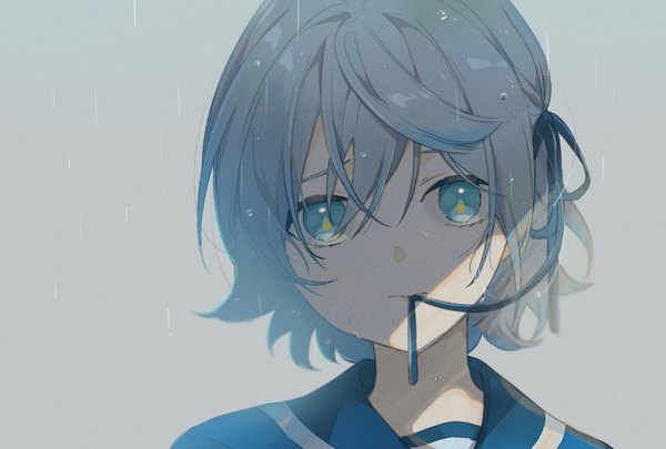 Anime picture 2039x1378 with original omutatsu single looking at viewer fringe highres short hair simple background hair between eyes holding aqua eyes grey hair wet mouth hold shaded face rain face ribbon in mouth girl ribbon (ribbons)