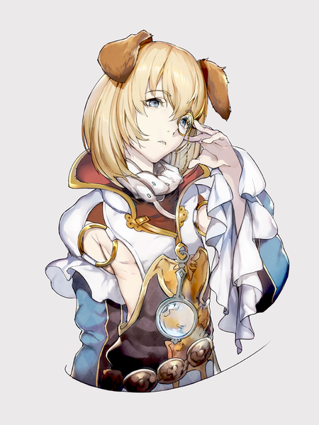 Anime picture 600x800 with granblue fantasy mikurou (nayuta) long hair tall image light erotic blonde hair simple background animal ears looking away grey background grey eyes dog ears erune boy monocle magnifying glass