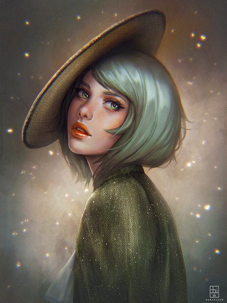 Anime picture 750x1000 with original abigail diaz single tall image blush short hair green eyes signed looking away silver hair upper body parted lips head tilt green hair realistic sparkle lipstick portrait eyeshadow makeup