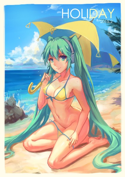 Anime picture 2480x3507 with vocaloid hatsune miku atdan single long hair tall image fringe highres light erotic smile hair between eyes sitting twintails bare shoulders sky cloud (clouds) bent knee (knees) barefoot aqua eyes aqua hair