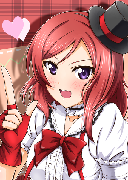 Anime picture 755x1056 with love live! school idol project sunrise (studio) love live! nishikino maki diesel-turbo single tall image looking at viewer blush short hair open mouth purple eyes red hair girl dress gloves hat heart fingerless gloves