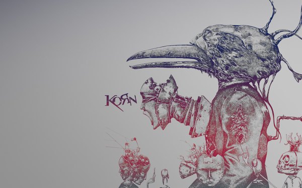 Аниме картинка 1440x900 с korn (group) untitled (album) простой фон широкое изображение надпись серый фон обои на рабочий стол монохромное животное птица (птицы) череп чудовище робот ворон