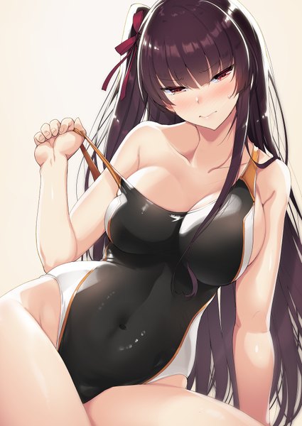 Anime picture 1252x1766 with girls frontline wa2000 (girls frontline) akahito single long hair tall image looking at viewer blush fringe breasts light erotic simple background hair between eyes red eyes large breasts sitting payot purple hair blunt bangs head tilt