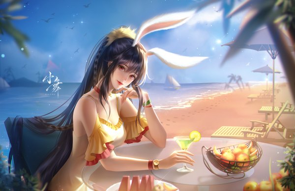 Anime picture 4096x2653 with douluo continent xiao wu douluo dalu xiaowu zhuye long hair looking at viewer fringe highres breasts black hair hair between eyes red eyes sitting animal ears absurdres sky braid (braids) head tilt fingernails blurry realistic