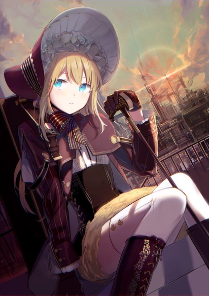 Anime picture 706x1000 with original 249 single long hair tall image blush fringe blue eyes blonde hair hair between eyes sitting holding looking away sky cloud (clouds) parted lips dutch angle lens flare city evening