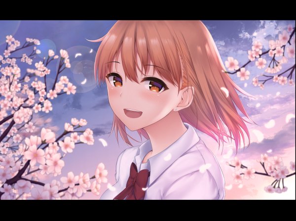Anime picture 2738x2042 with original airi (satosi) satosi single looking at viewer blush fringe highres short hair open mouth smile hair between eyes brown hair brown eyes sky cloud (clouds) upper body outdoors :d wind