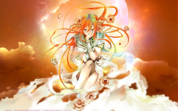 Anime picture 2560x1600 with olimpos aki (artist) long hair highres wide image cloud (clouds) hair flower orange hair orange eyes chin rest girl hair ornament flower (flowers)
